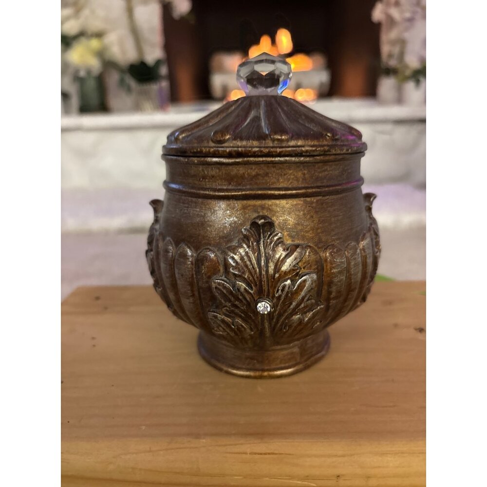 Vintage Bombay Decorative Jar With Lid & Crystal Knob - Brown Ornate Leaf Design